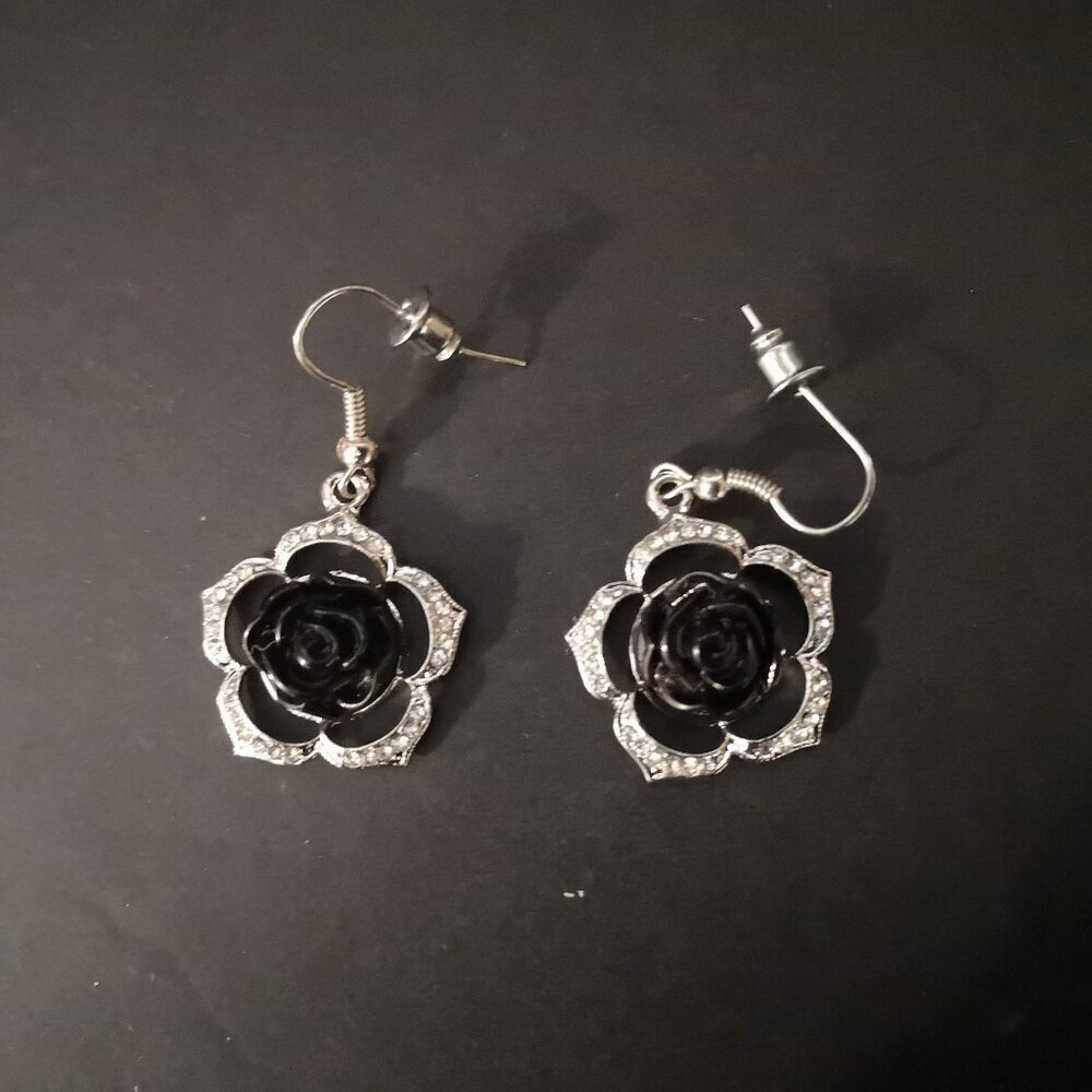 Dangle / Drop Earrings w/ Black Carved Roses Rhinestone Accents & Silver Tone